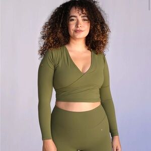 Love Fitness Olive Green Wrap Long Sleeve Crop Top